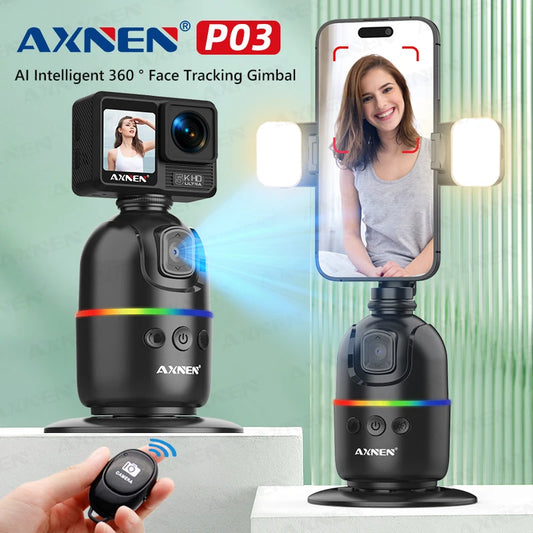 AXNEN P03 AI Intelligent 360° Face Tracking Gimbal with smartphone display and remote control.