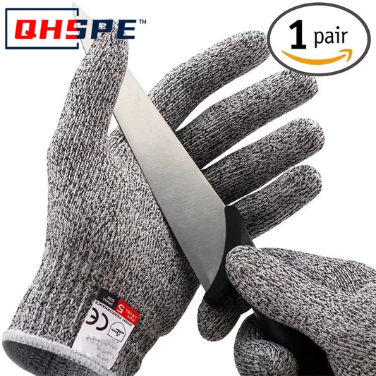 Gray cut-resistant gloves with a knife, branded QHSPE, on a white background