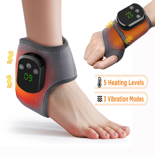 Heating and vibration device on foot and wrist with digital display and control buttons.