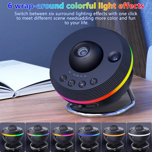 Black circular Projector with colorful wrap-around light effects on a wooden surface.