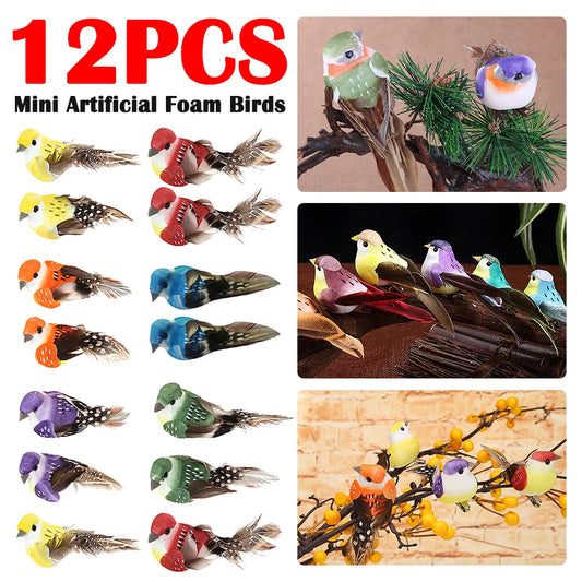 12pcs Mini Artificial Foam Birds with Clips