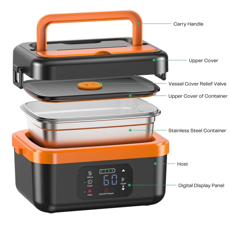 Cordless Electric Lunch Box – Rechargeable Self-Heating Food Warmer (16,000mAh)