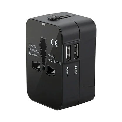 Black travel adapter with multiple ports on a white background