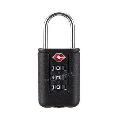Black combination lock with a red logo on a white background