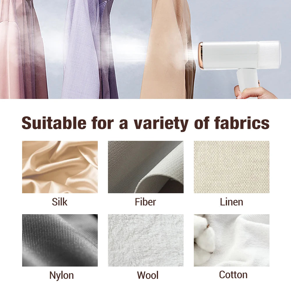 Handheld garment steamer with fabric types suitable for steam ironing displayed below.