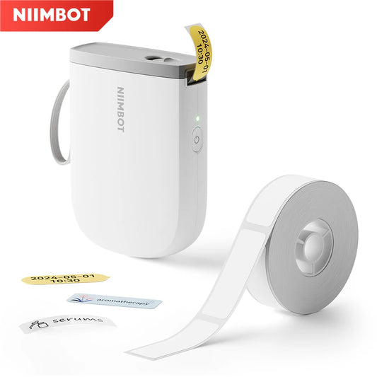 NIIMBOT label printer with a roll of labels on a white background