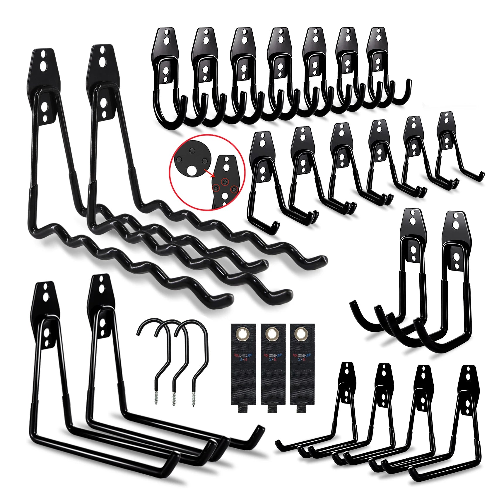 Collection of black metal hooks and brackets on a white background