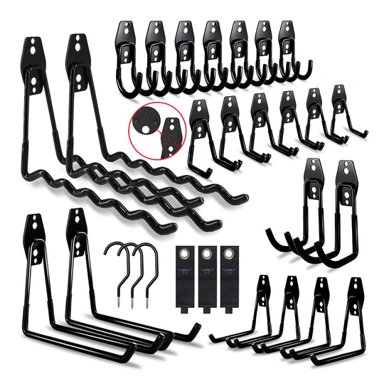 Collection of black metal hooks and brackets on a white background