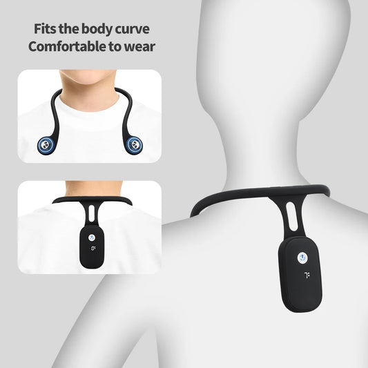 Necklace-like device worn around the neck with text indicating comfort and fit.