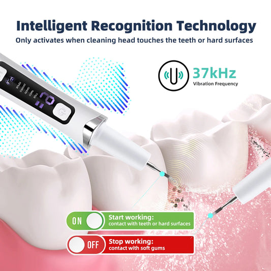 Dental cleaning tool with digital display and text about intelligent recognition technology and vibration frequency.