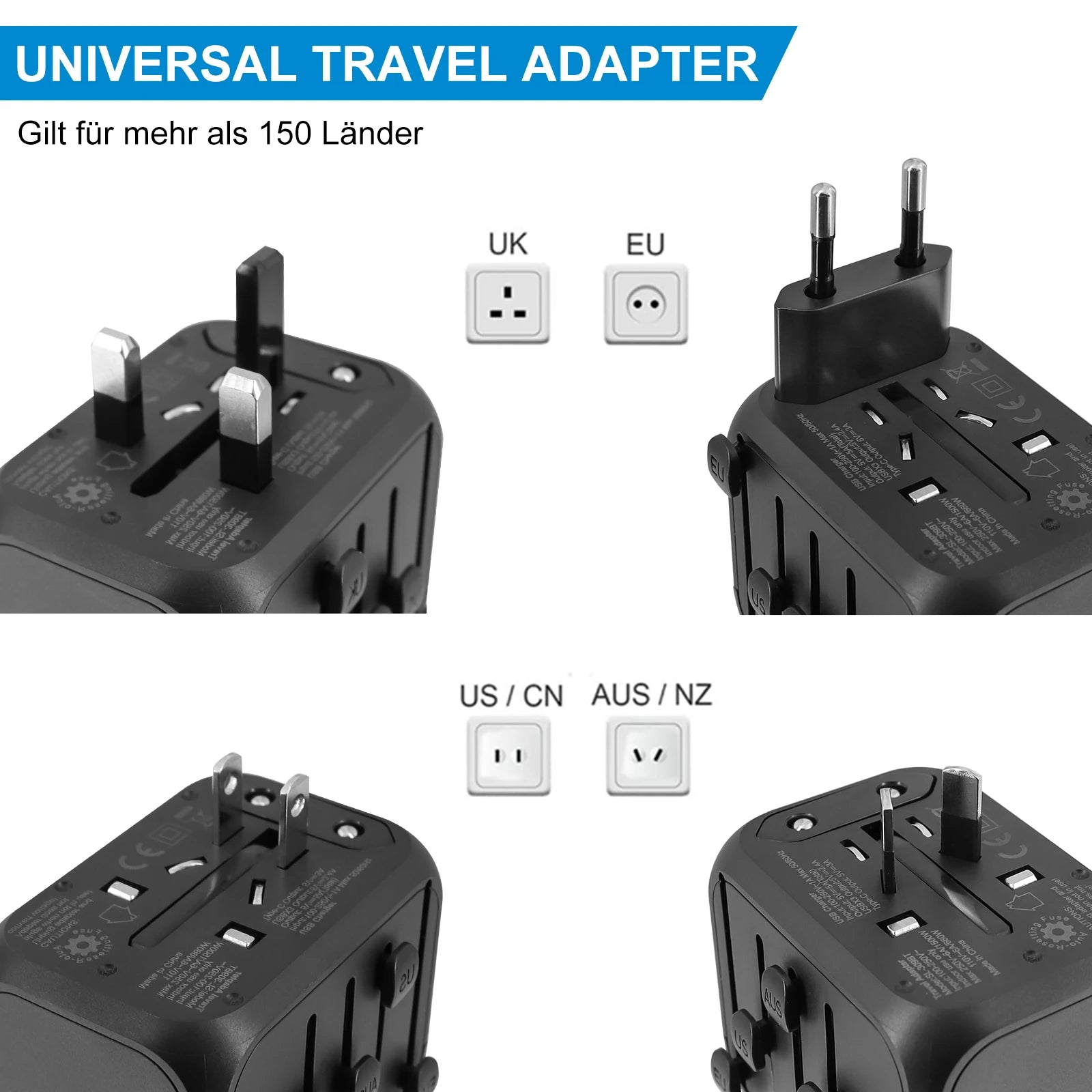 Universal travel adapter with plug sockets for UK, EU, US/CN, and AUS/NZ on a white background.