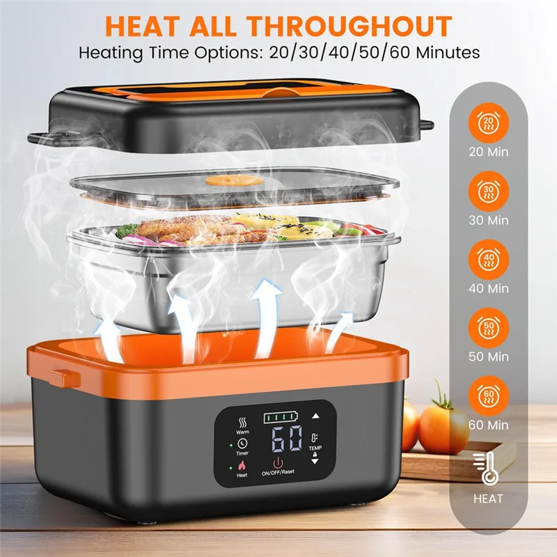 Electric food warmer with digital display and steaming feature, showing heating time options.