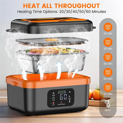 Electric food warmer with digital display and steaming feature, showing heating time options.