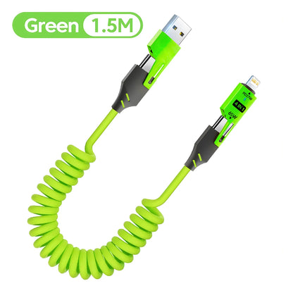 Green coiled cable with USB and Lightning connectors on a white background