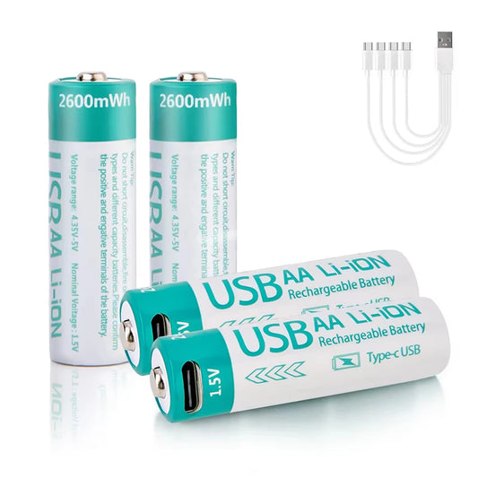 Two USB AA Li-ion rechargeable batteries with a USB cable on a white background
