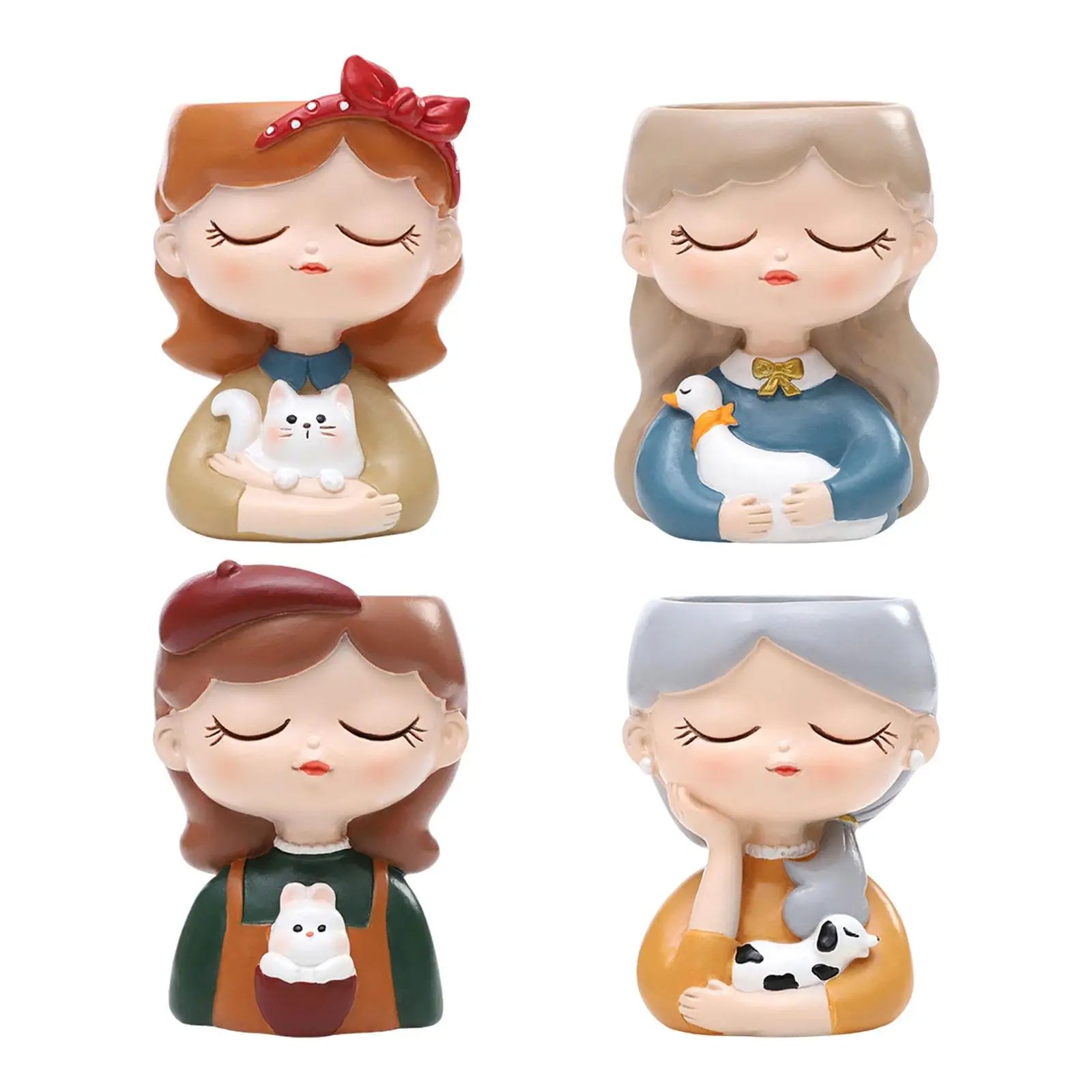 Four figurines of girls with animals on a white background