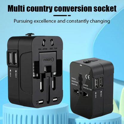Two black multi-country conversion sockets on a blue background with text about excellence and changes.