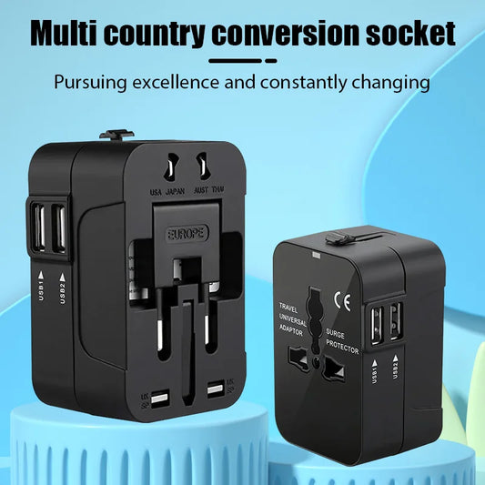 Two black multi-country conversion sockets on a blue background with text about excellence and changes.