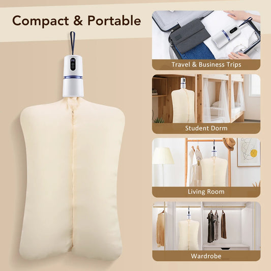 Compact and portable dryer with usage scenarios on a beige background