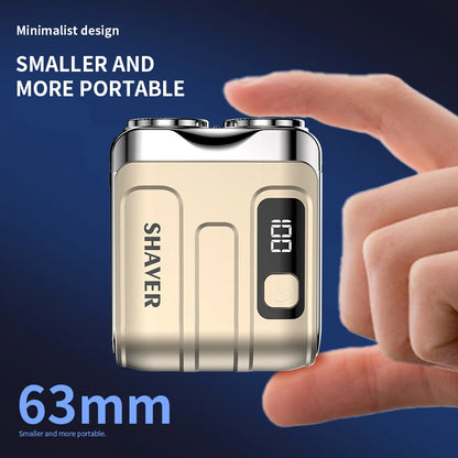 Golden Small shaver held by a hand with text highlighting its size and portability on a blue background