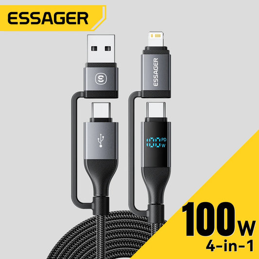 Essager 4-in-1 charging cable with multiple connectors on a gray background