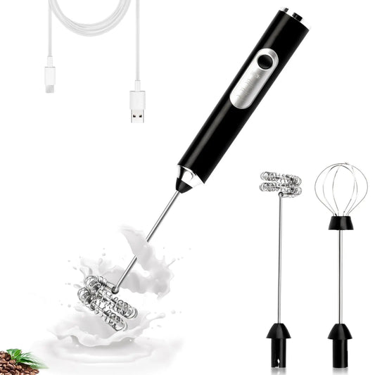 Black handheld milk frother with attachments on a white background
