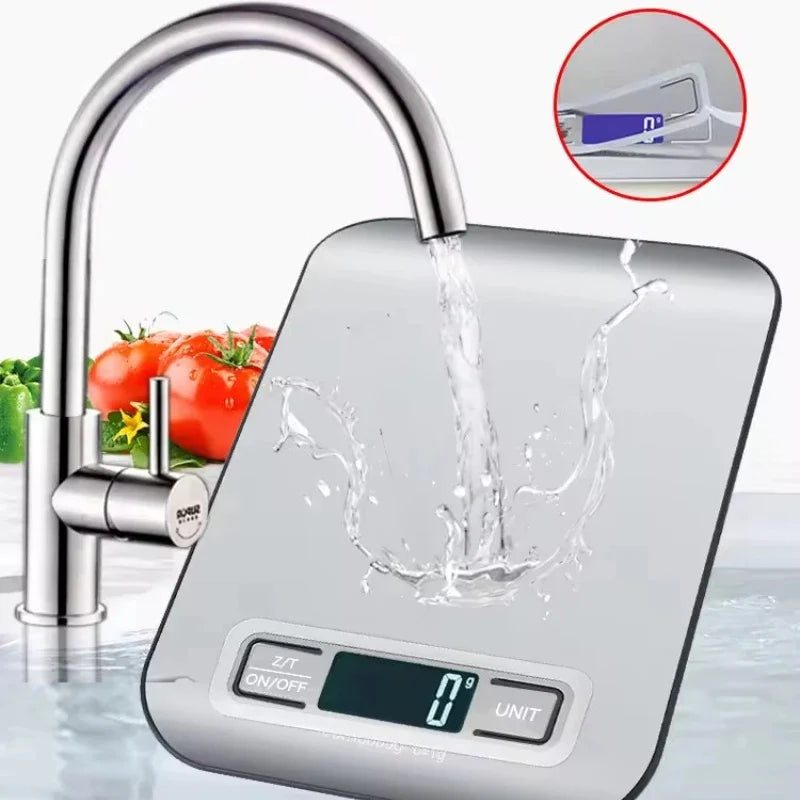 Digital kitchen scale with water flowing into it, next to a faucet and tomatoes.