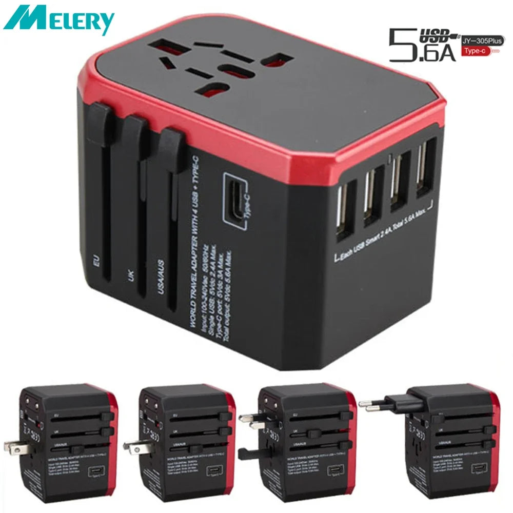 Black and red travel adapter with multiple USB ports on a white background, featuring the Melery brand.