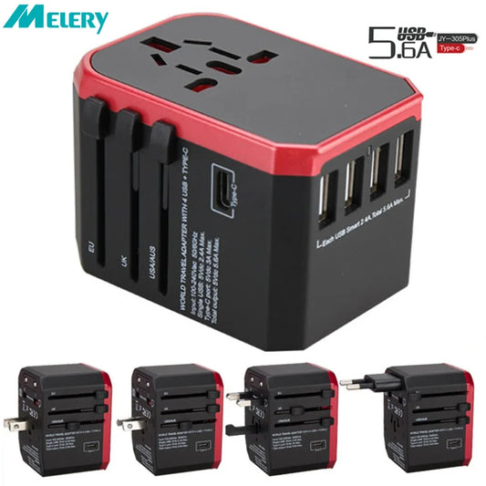 Black and red travel adapter with multiple USB ports on a white background, featuring the Melery brand.