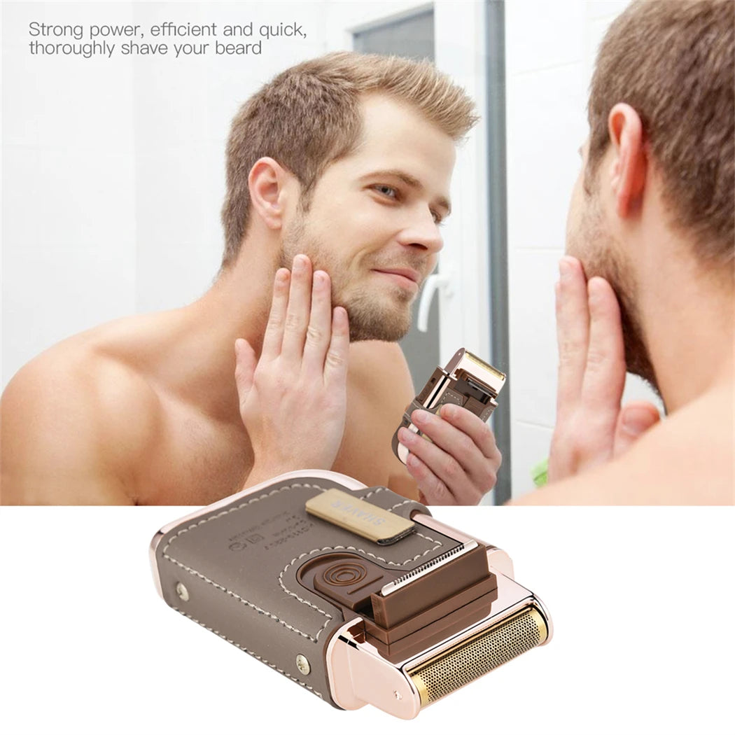 Man using a beard shaver with text highlighting its features