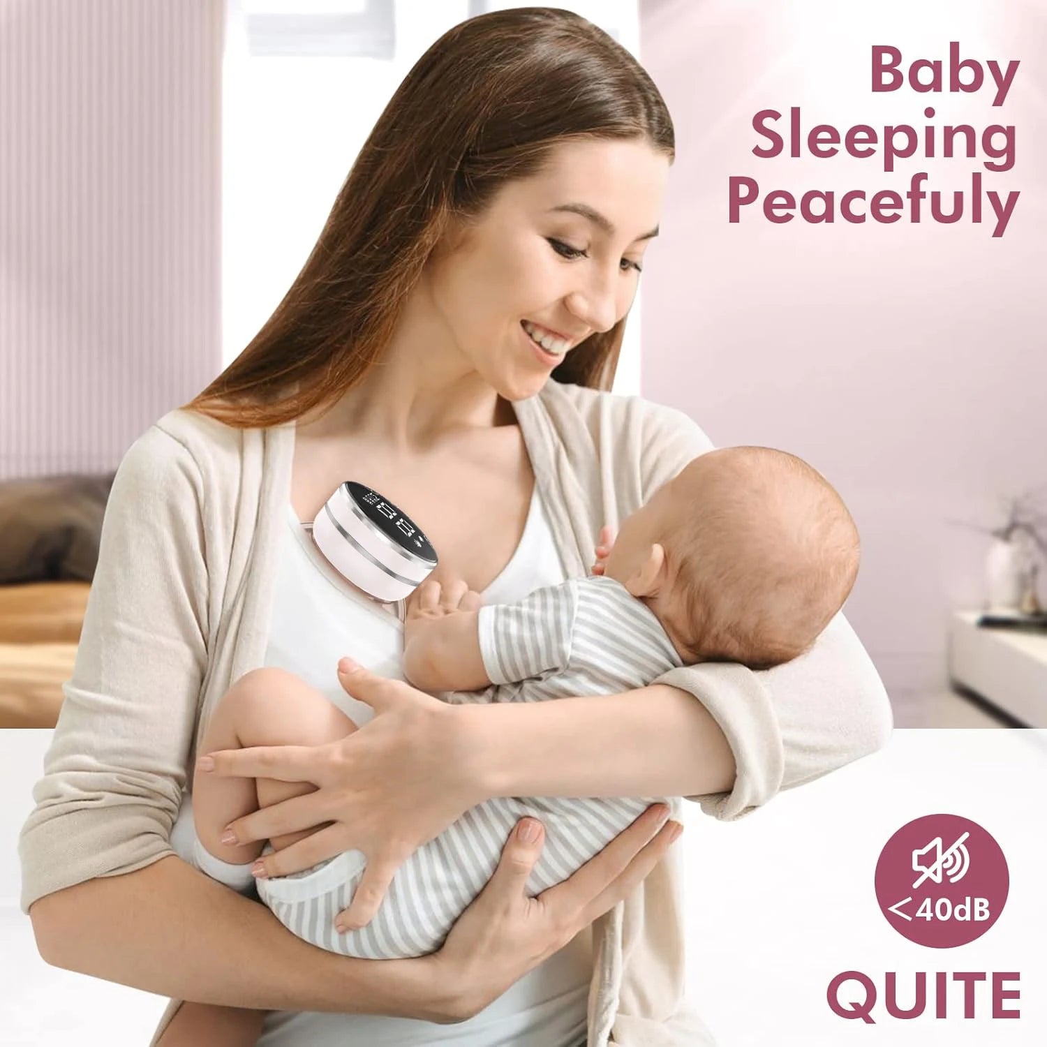 Woman holding a baby wrapped in a sling with a white noise machine, text 'Baby Sleeping Peacefully' and 'Quite' displayed.