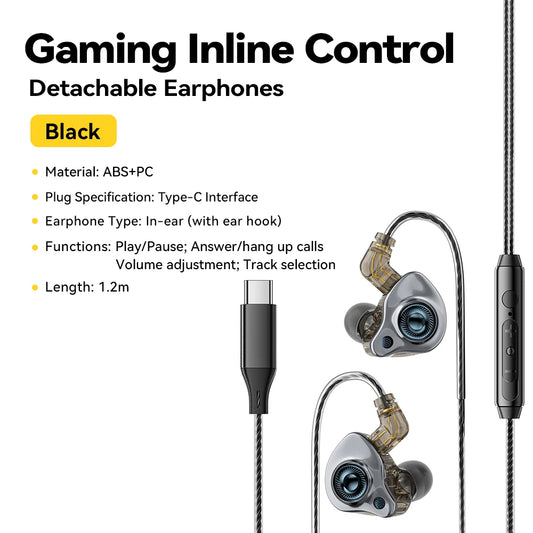 Gaming inline control detachable earphones with specifications on a white background
