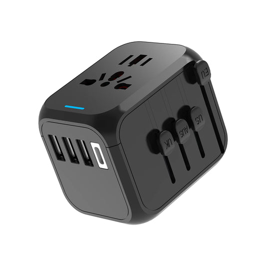 Black travel adapter with multiple plug sockets on a white background