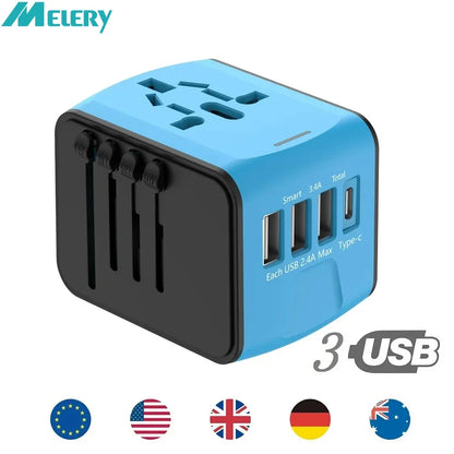 Blue travel adapter with multiple USB ports on a white background, featuring the brand 'Melery'.