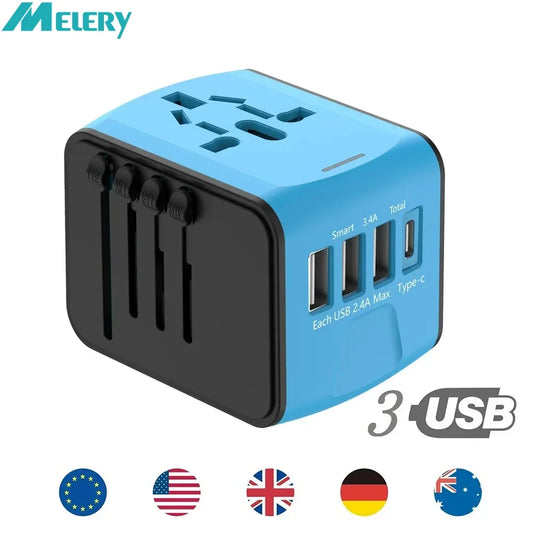 Blue travel adapter with multiple USB ports on a white background, featuring the brand 'Melery'.