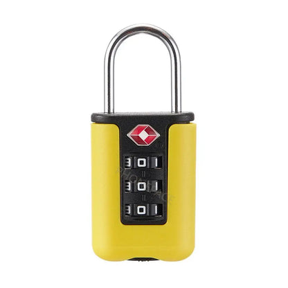 Yellow combination lock with a red and white logo on a white background