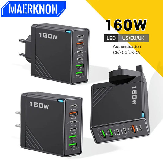 160W power adapter with multiple USB ports on a white background, featuring the brand 'MAERKNON'.
