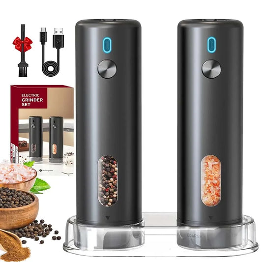 Electric pepper and salt grinder set with charging cable and accessories on a white background