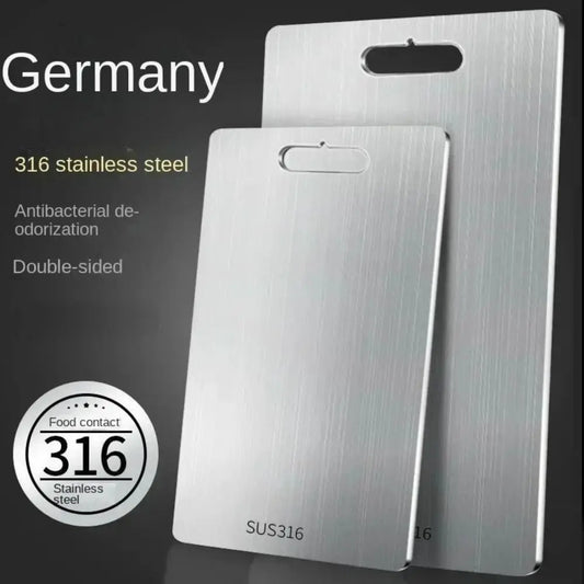 Stainless steel cutting board with 'Germany' and '316 stainless steel' text on a dark background