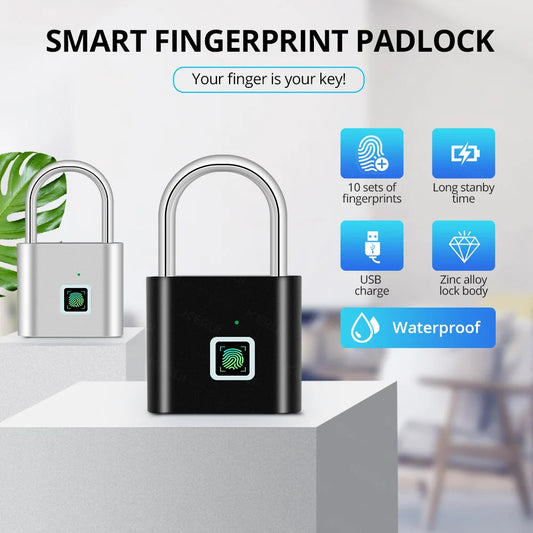 Smart fingerprint padlock with features listed on a blurred background