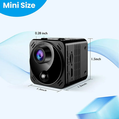 Small black camera with dimensions indicated on a light blue background
