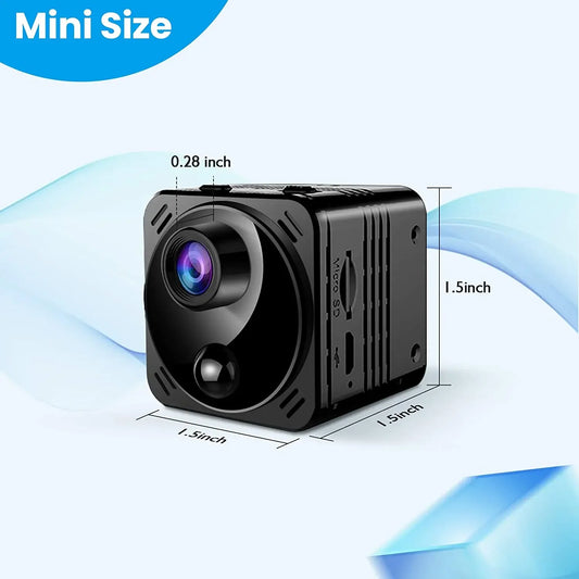 Small black camera with dimensions indicated on a light blue background
