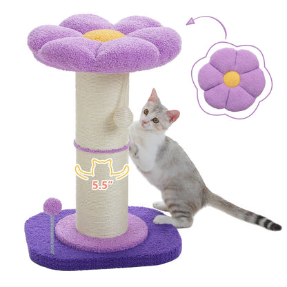 Cat playing with a purple flower-shaped cat tree