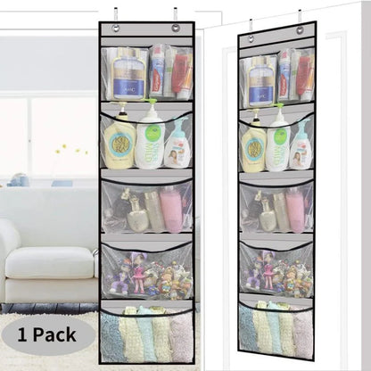 Over-the-door organizer with multiple compartments filled with various items on a white door.