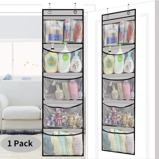 Over-the-door organizer with multiple compartments filled with various items on a white door.