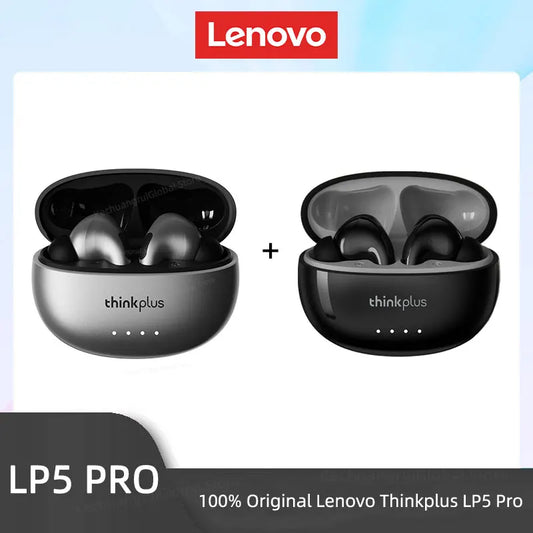Lenovo Thinkplus LP5 Pro wireless earbuds with charging case on a light blue background