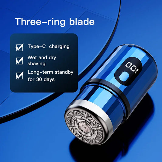 Blue electric shaver with charging cable on a blue background, featuring text about its features.