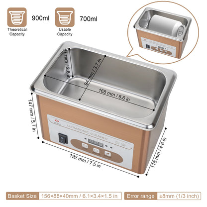Ultrasonic Cleaner - 900mL, 60W, 40kHz for Jewelry & More