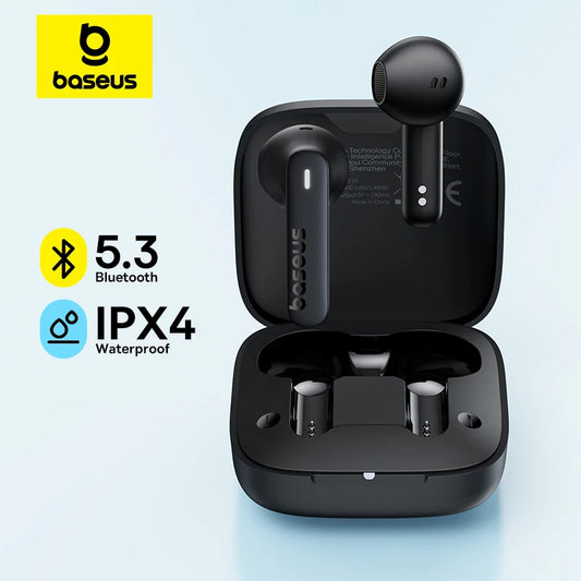 Black wireless earbuds in a charging case with Baseus branding on a light blue background.