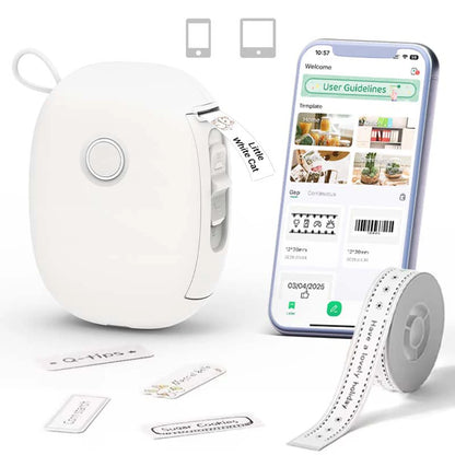 White label printer with smartphone displaying app interface and printed labels on a white background
